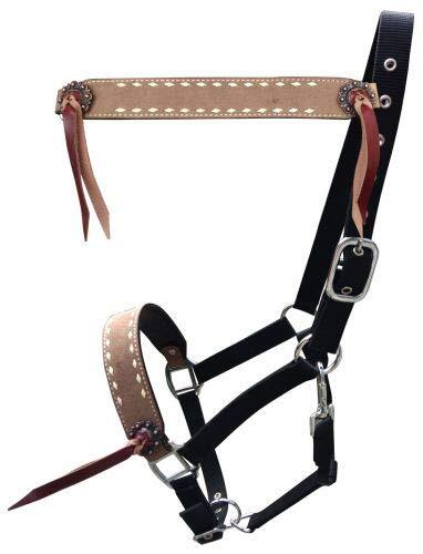 Showman Roughout Leather Nylon Halter w/ Buckstitch Trim