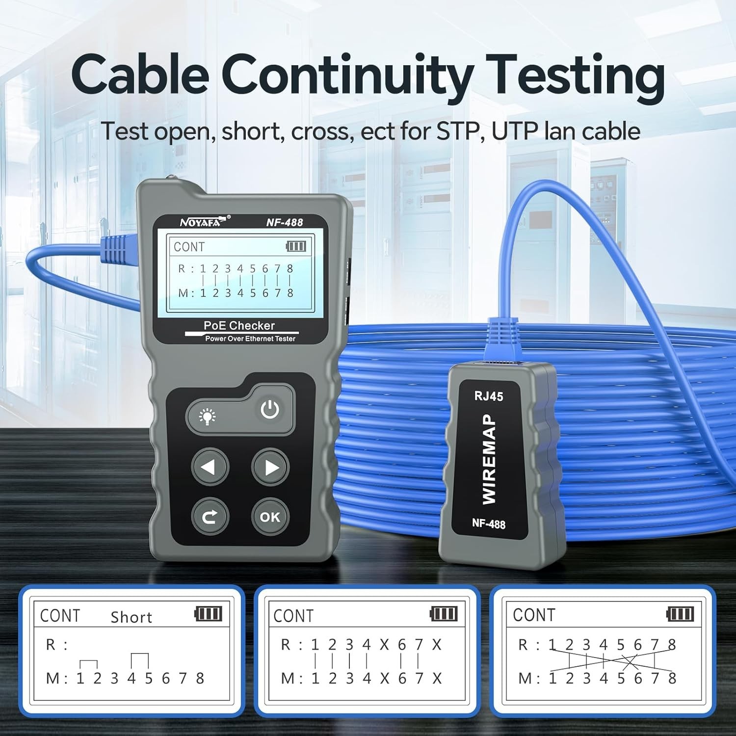 Efficient PoE Tester for DC Power, Voltage & Network Cable Testing - 4 x 1.5 in