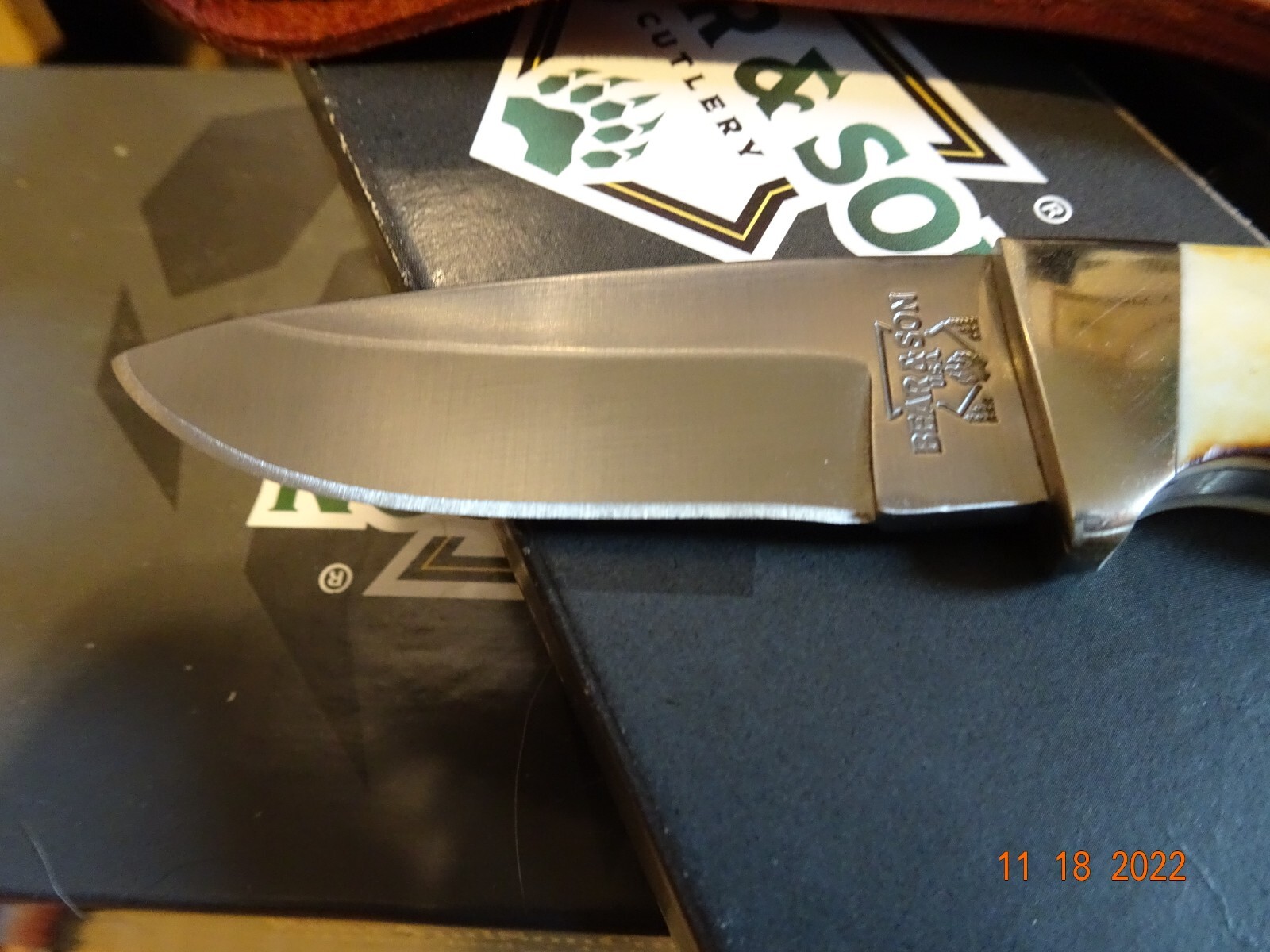 BEAR & SONS CUTLERY 7" DROP POINT HUNTER INDIA STAG BONE HANDLE LEA SH MADE USA