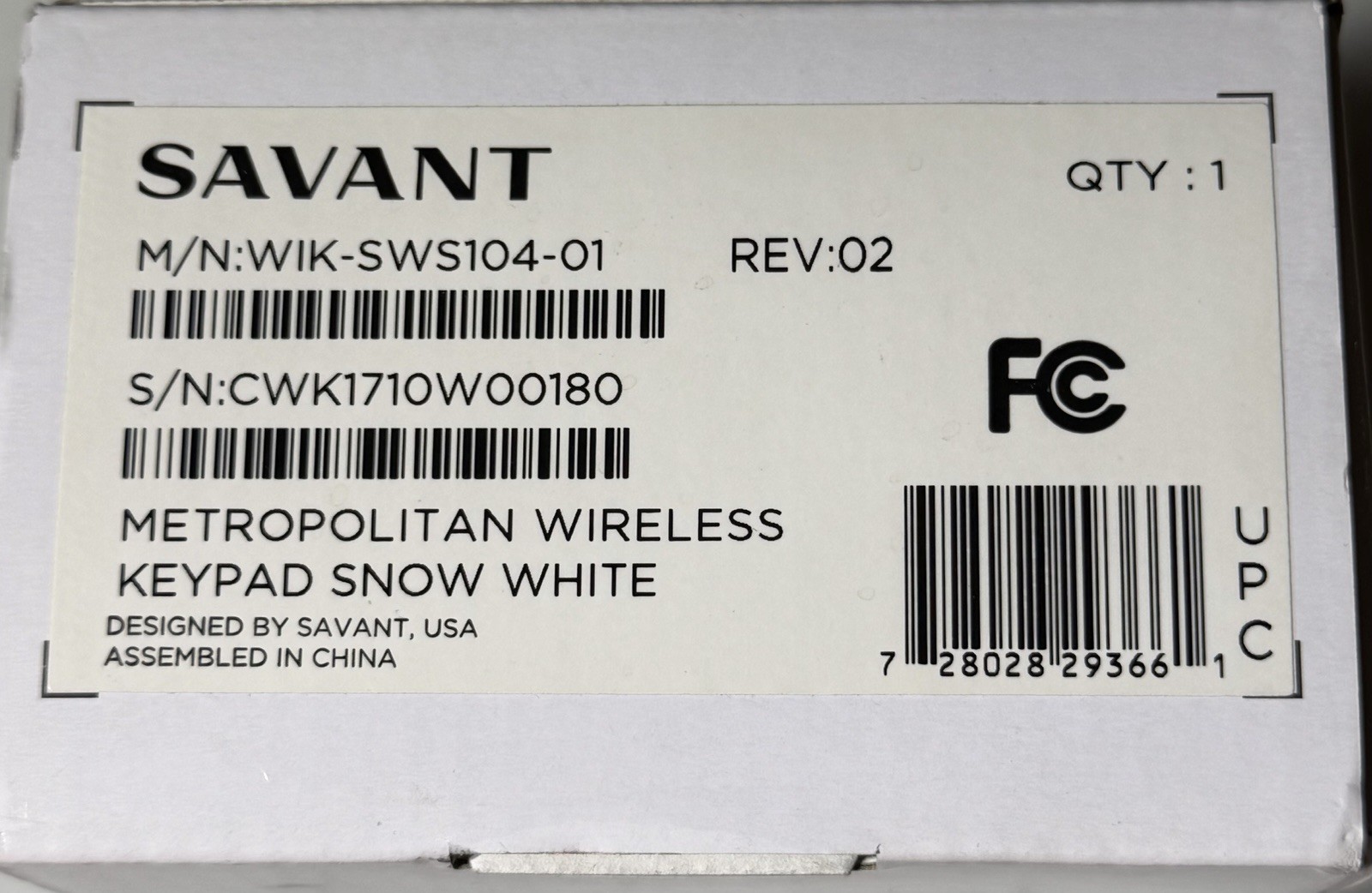 Savant Metropolitan Wireless Keypad Snow White WIK-SWS104-01