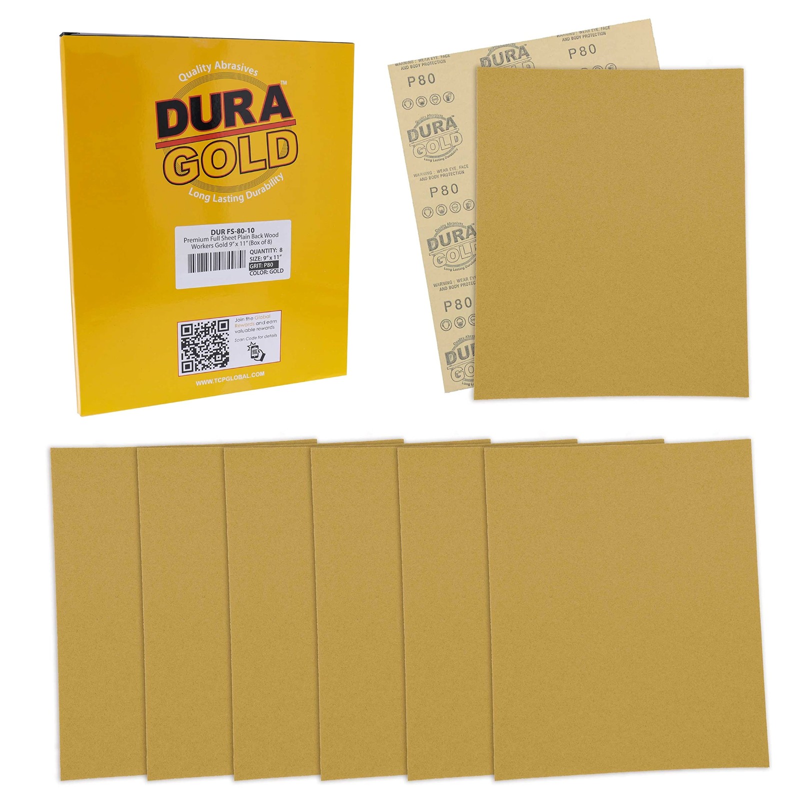 Dura-Gold Premium 9" x 11" Gold Sandpaper Sheets, 80 Grit (Box of 8) - Wood F...