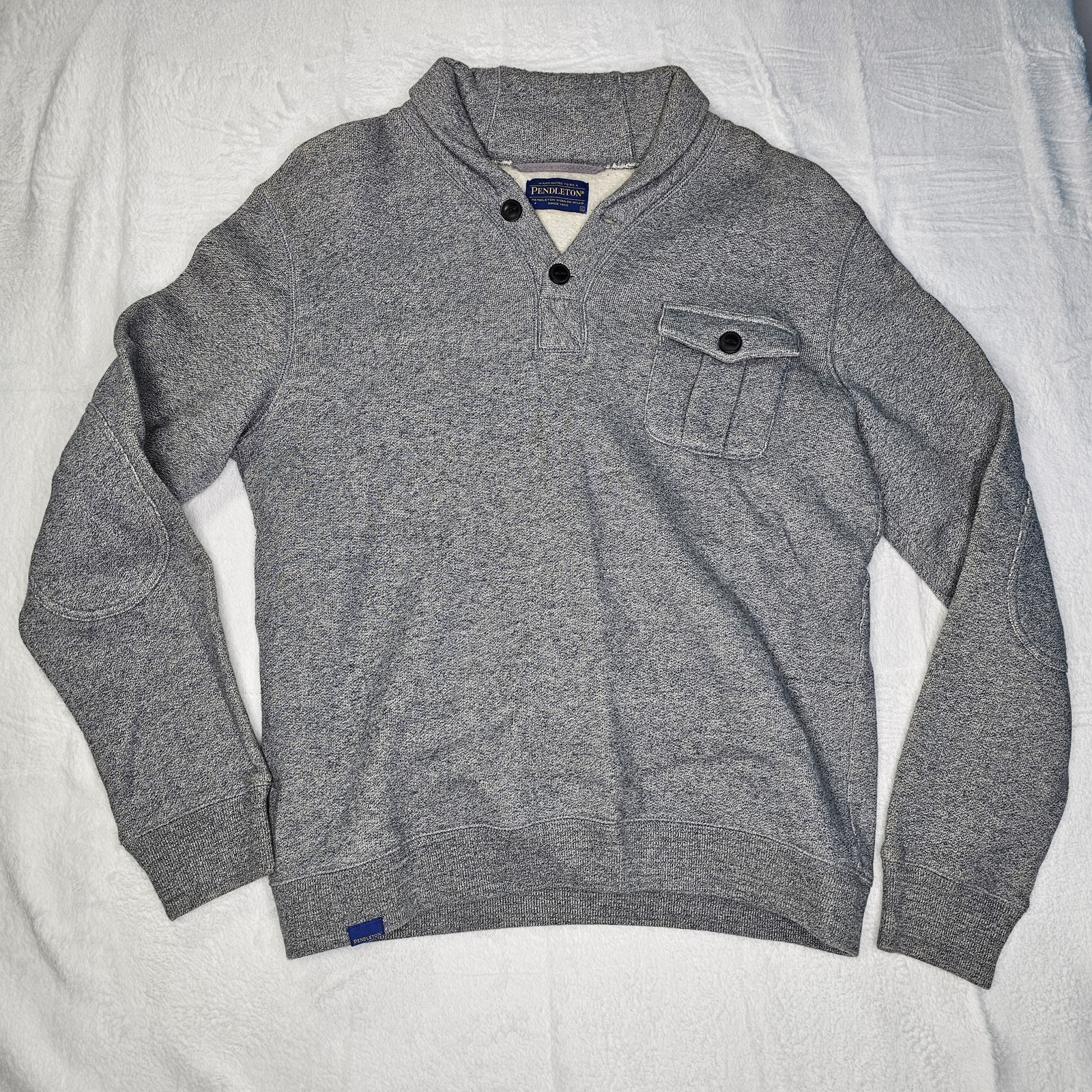 Pendleton Men's Gray Shawl Collar Sweater Pullover Size L Elbow Patches Chest