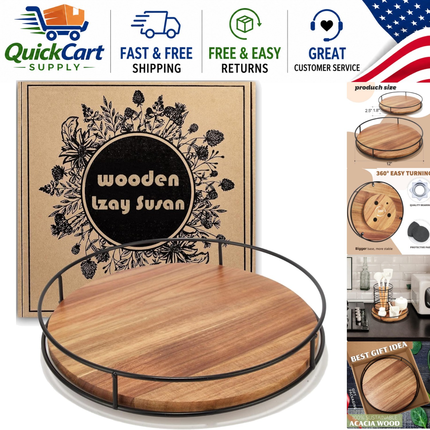 Unique 12-Inch Acacia Wood Lazy Susan - 360° Rotatable Centerpiece for Hosts!  ,
