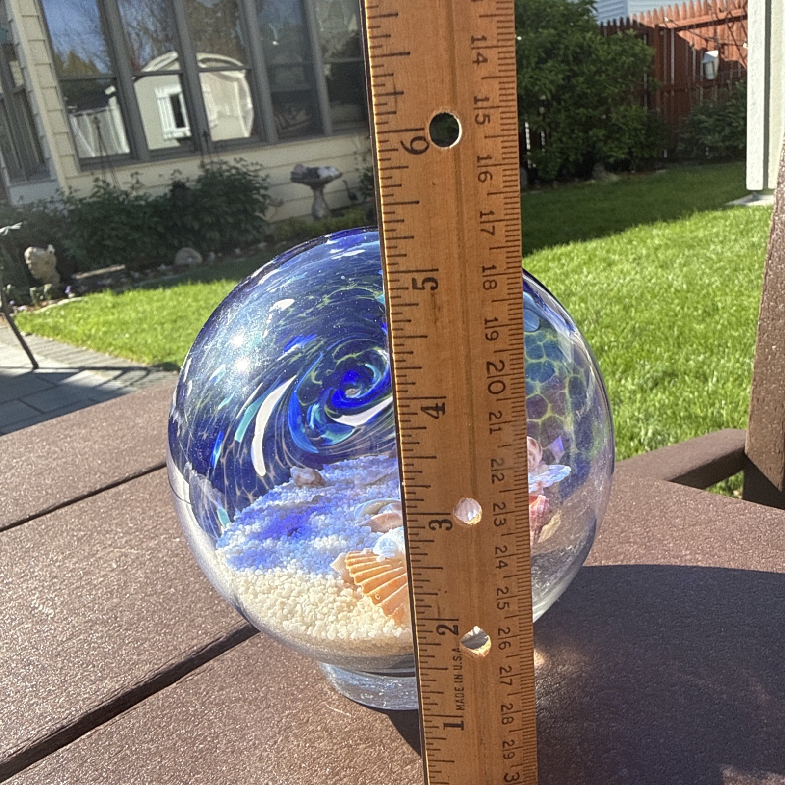 Large Hand Blown Ocean Waves Orb Globe Ball With Sand & Seashells 5.5”