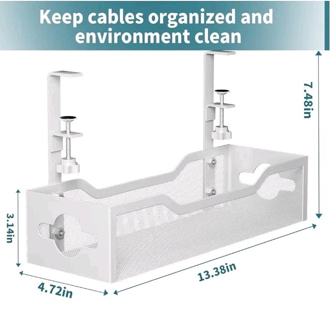 Under Desk Cable Tray No Drill 13.38" Metal Clamp Wire Organizer White