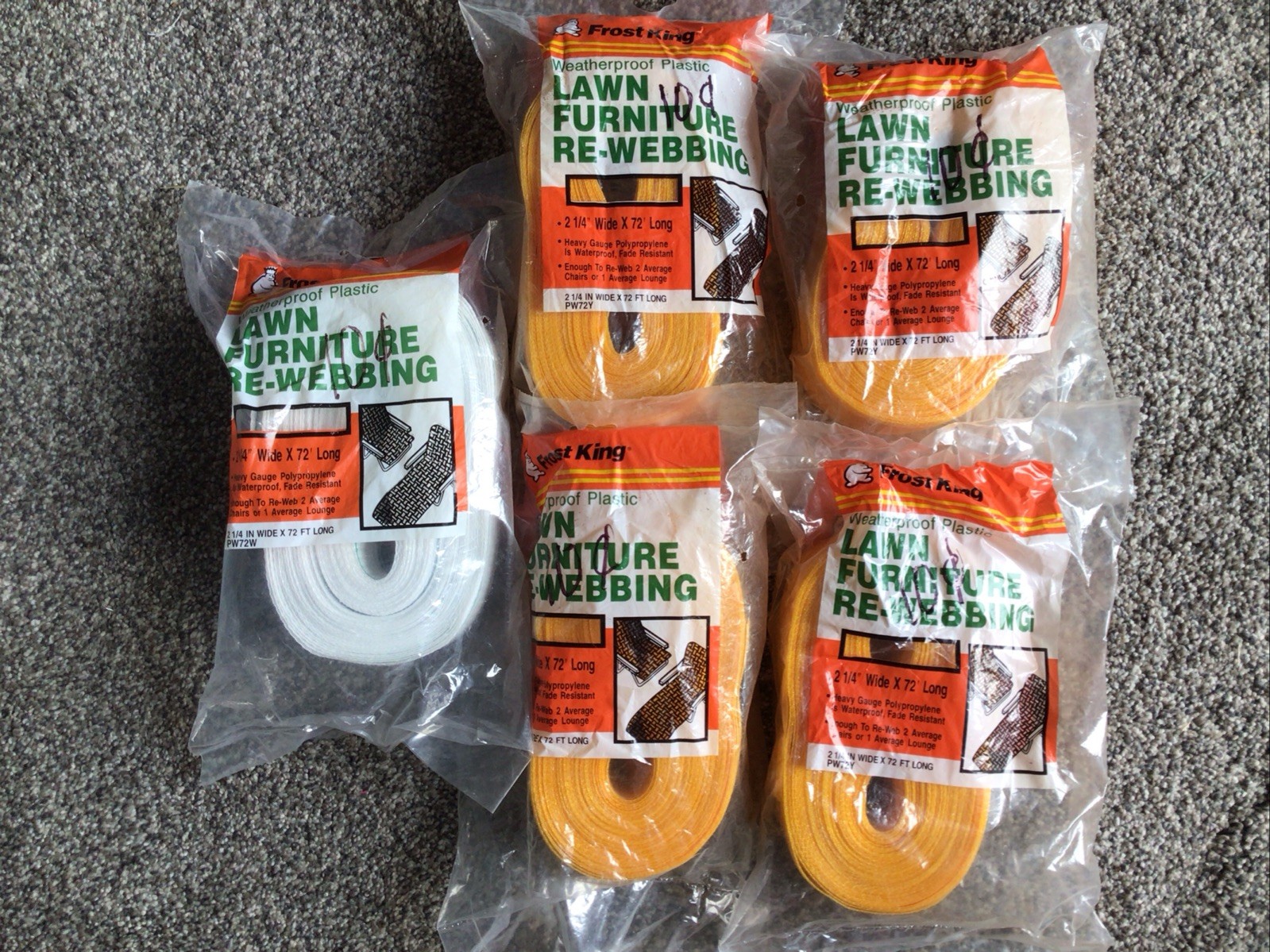 Vtg NEW Lot 5 FROST KING 2 1/4" x 72ft  Lawn Furniture Webbing Orange White