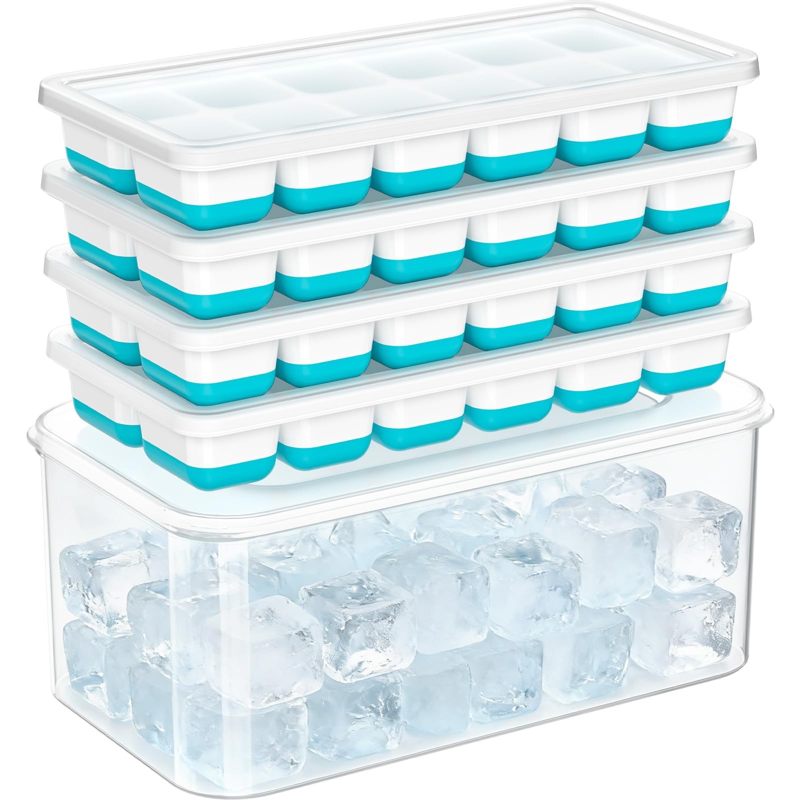 NFK Ice Cube Tray with Lid & Bin - 4 Pack 48 Cubes Stackable Silicone Trays f...