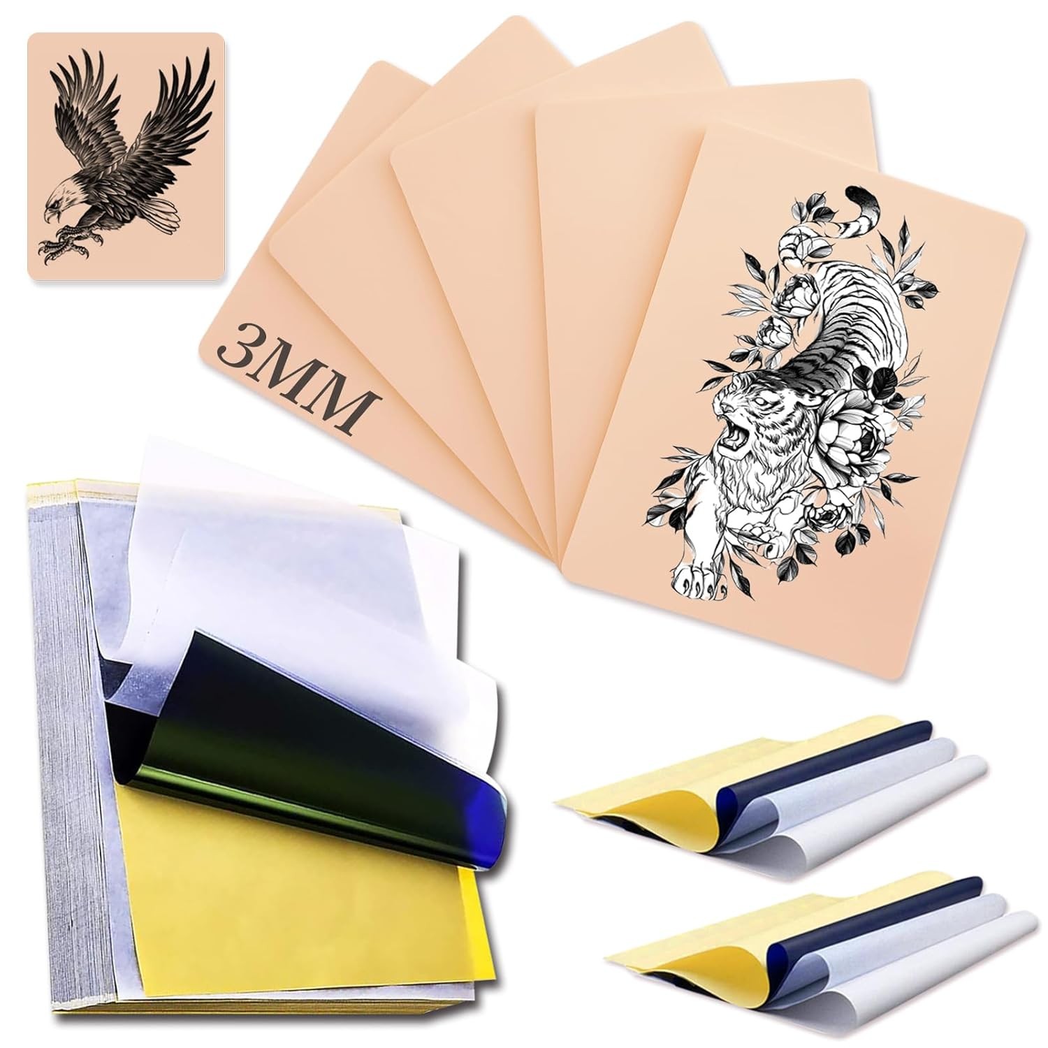 Rayyl 3MM 16Pcs Tattoo Practice Skin 6pcs Skin+10pcs Papers, Multicolor