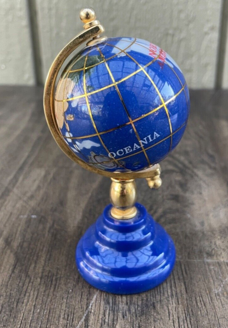 Vintage Globe of Gemstone Desktop Globe, Inlaid Gemstones, 4"