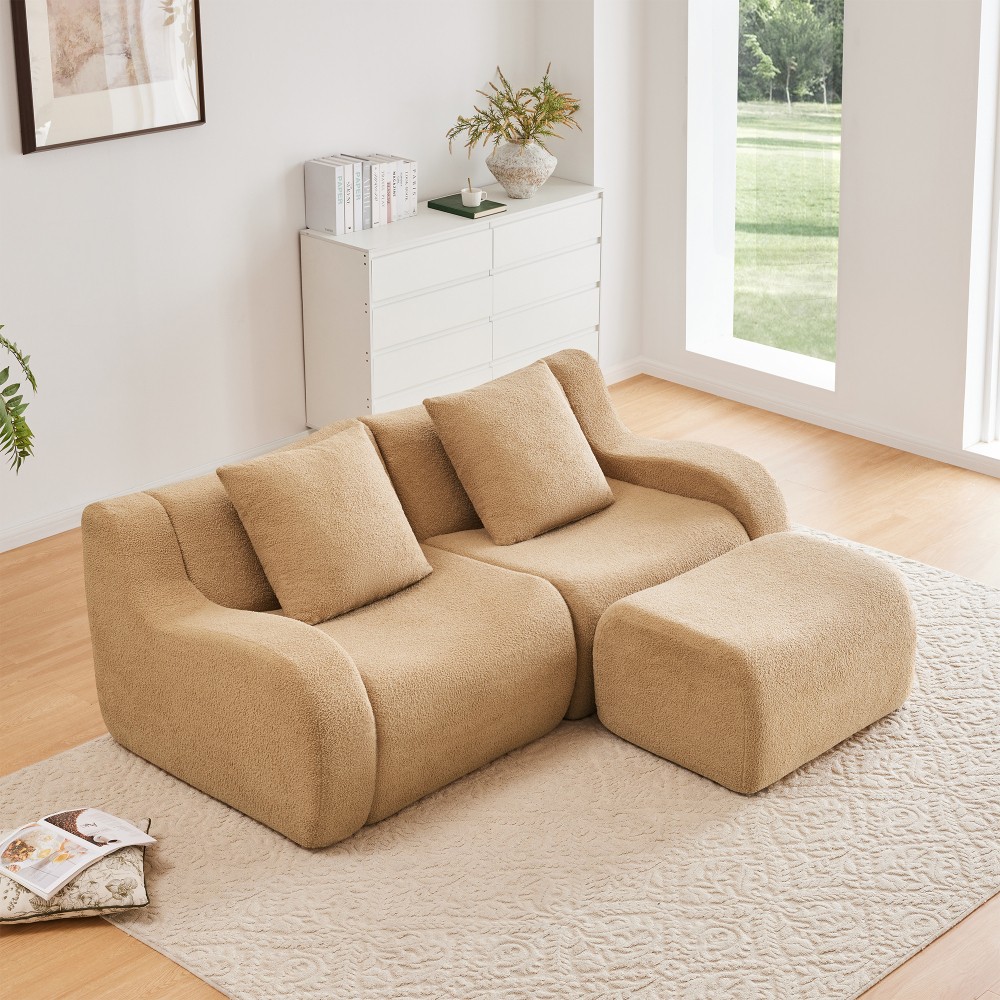 L-Shaped Teddy Fabric 2-Seat Sofa w/ Curved Armrests, No Assembly