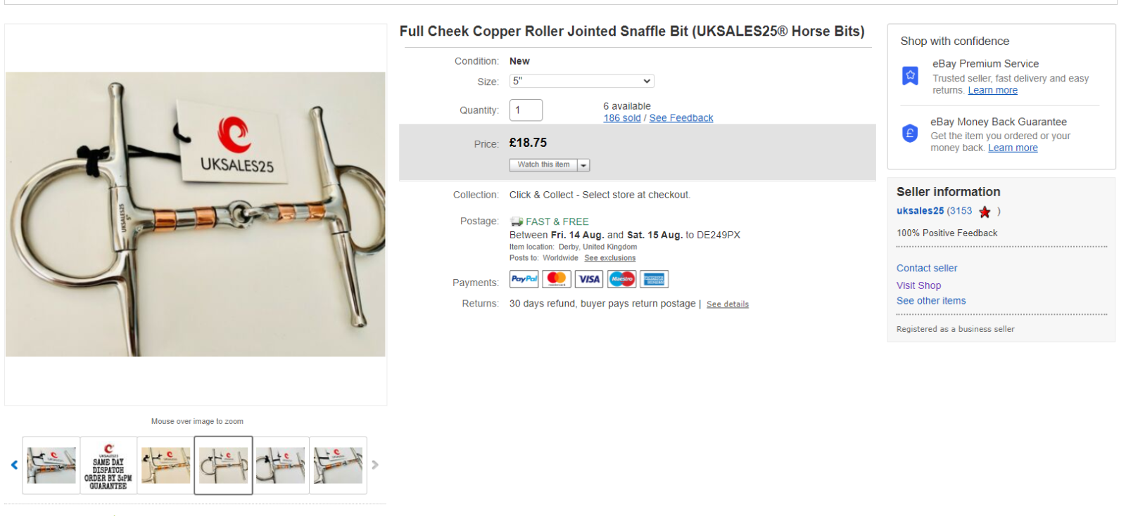 Full Cheek Copper Roller Jointed Snaffle Bit (UKSALES25®) *SAME DAY DISPATCH*