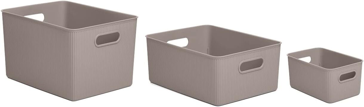 Superio Taupe Ribbed Storage Bin with Lid, Plastic (22L, 15L, 5L) -Set of 3