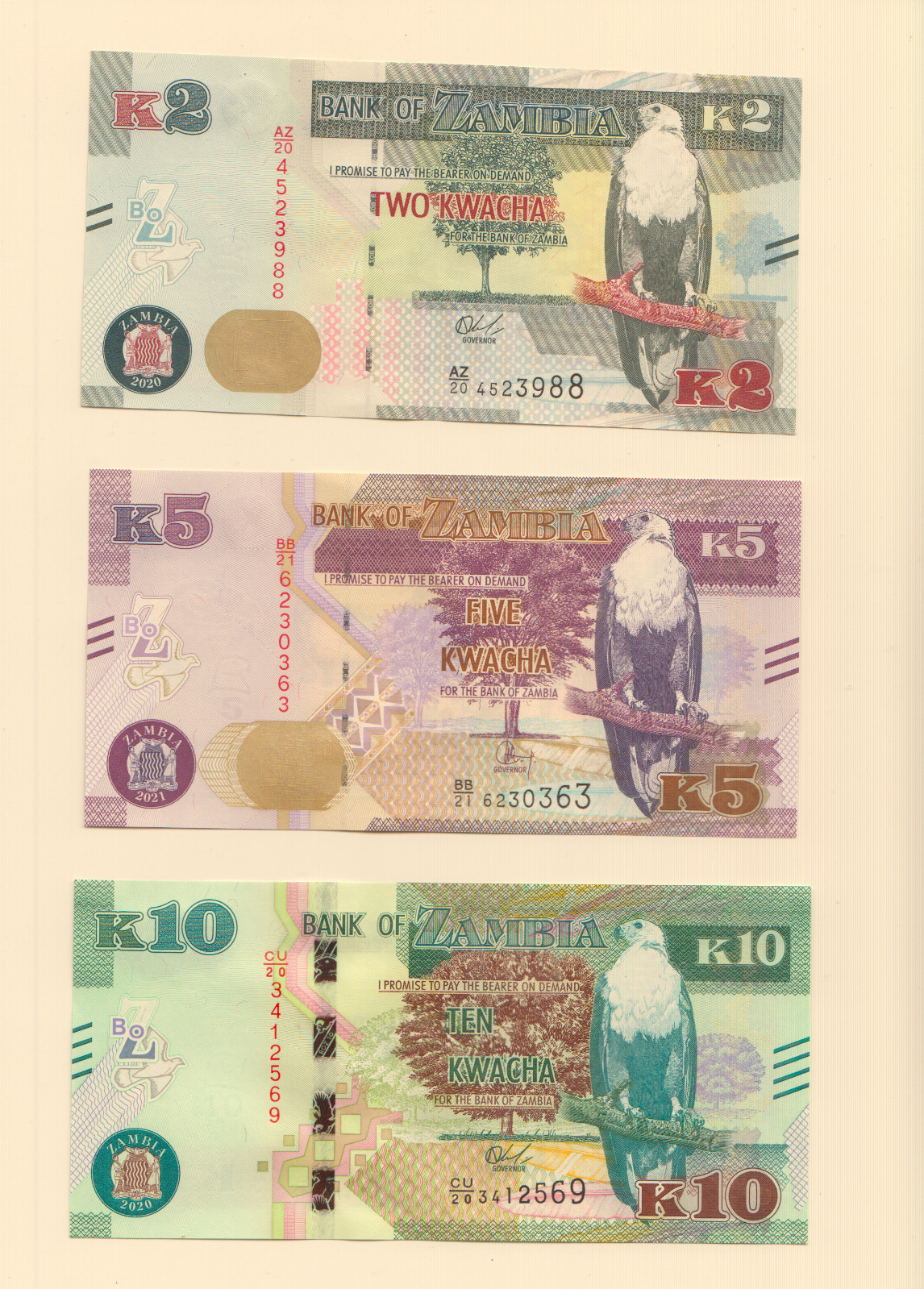 ZAMBIA: Set of 2, 5, 10 Kwacha Banknotes 2020 - 2021 Series  all UNC