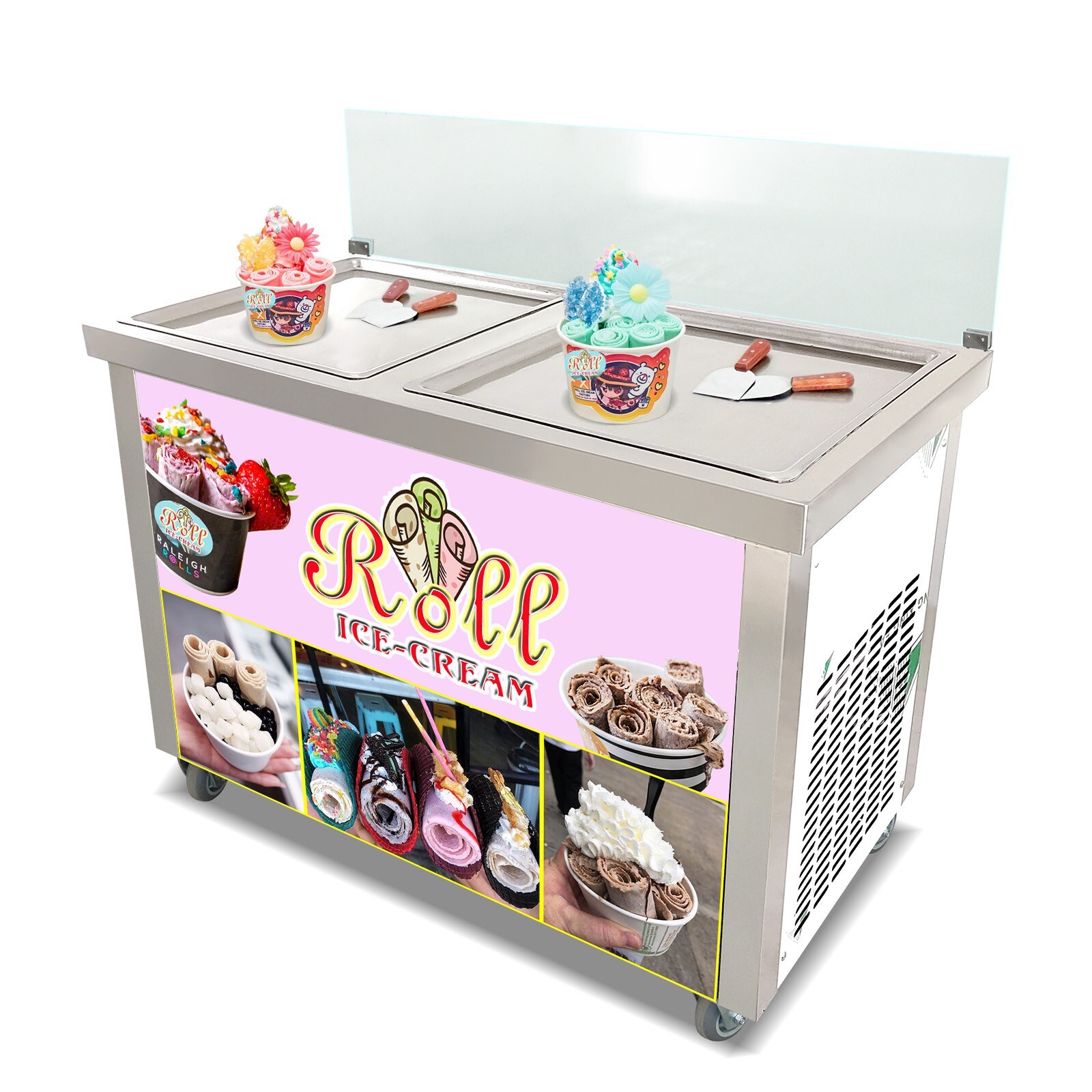 Kolice Commercial Double Square Pans Fried Ice Cream Roll Machine 21"x21''pans