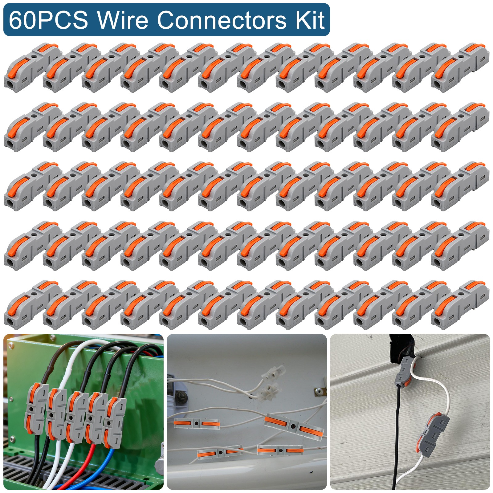 60 PCS 1 in 1 out Compact Wire Connectors Snap-On Terminal Solid & Stranded Wire