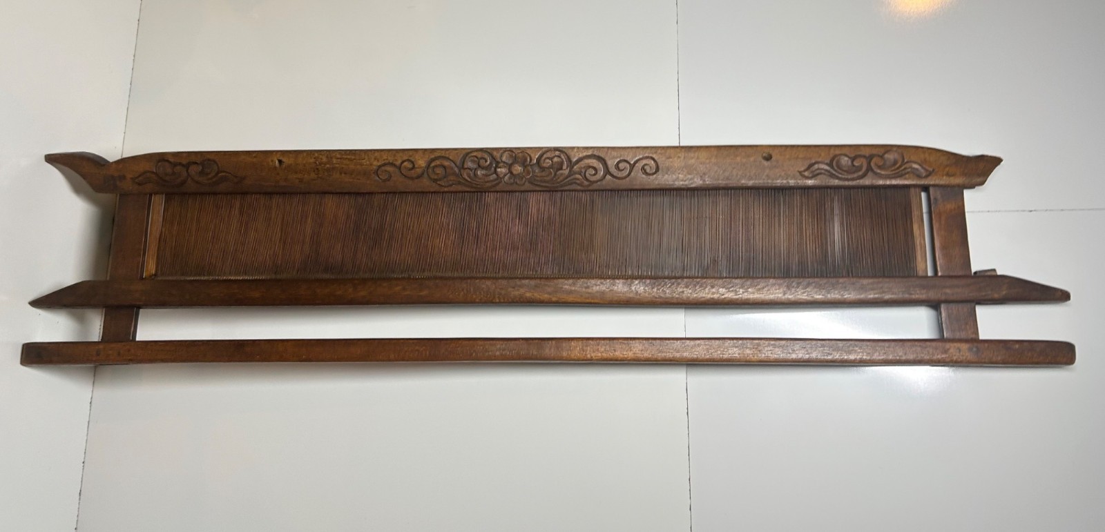 Wooden Handloom Reed Carved Floral Design Weaving Loom 36” Vintage Thailand Loom