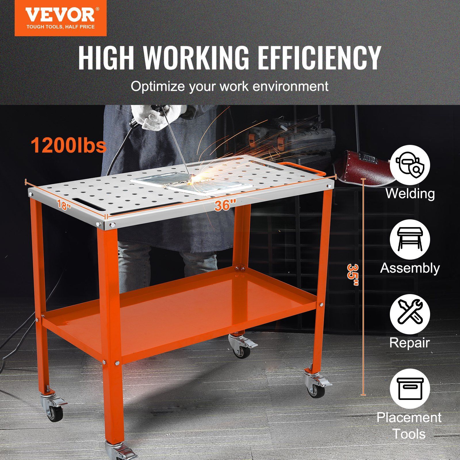 36" x 18" Welding Table 1200lbs Load Steel Welding Workbench Table on Wheels