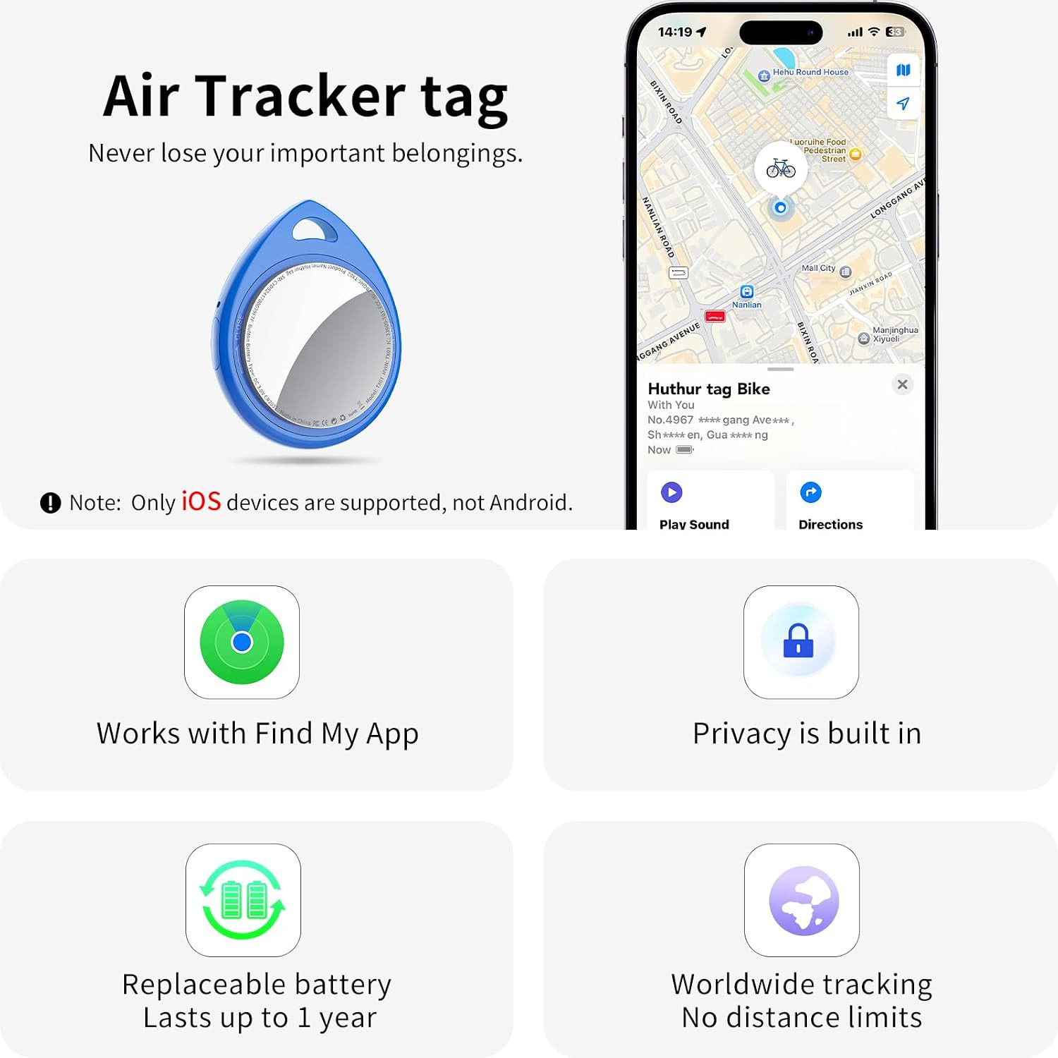 Air Tracker Tags-4 Pack Blue, 5.3 Bluetooth Tracker Work with Apple Find My (Ios