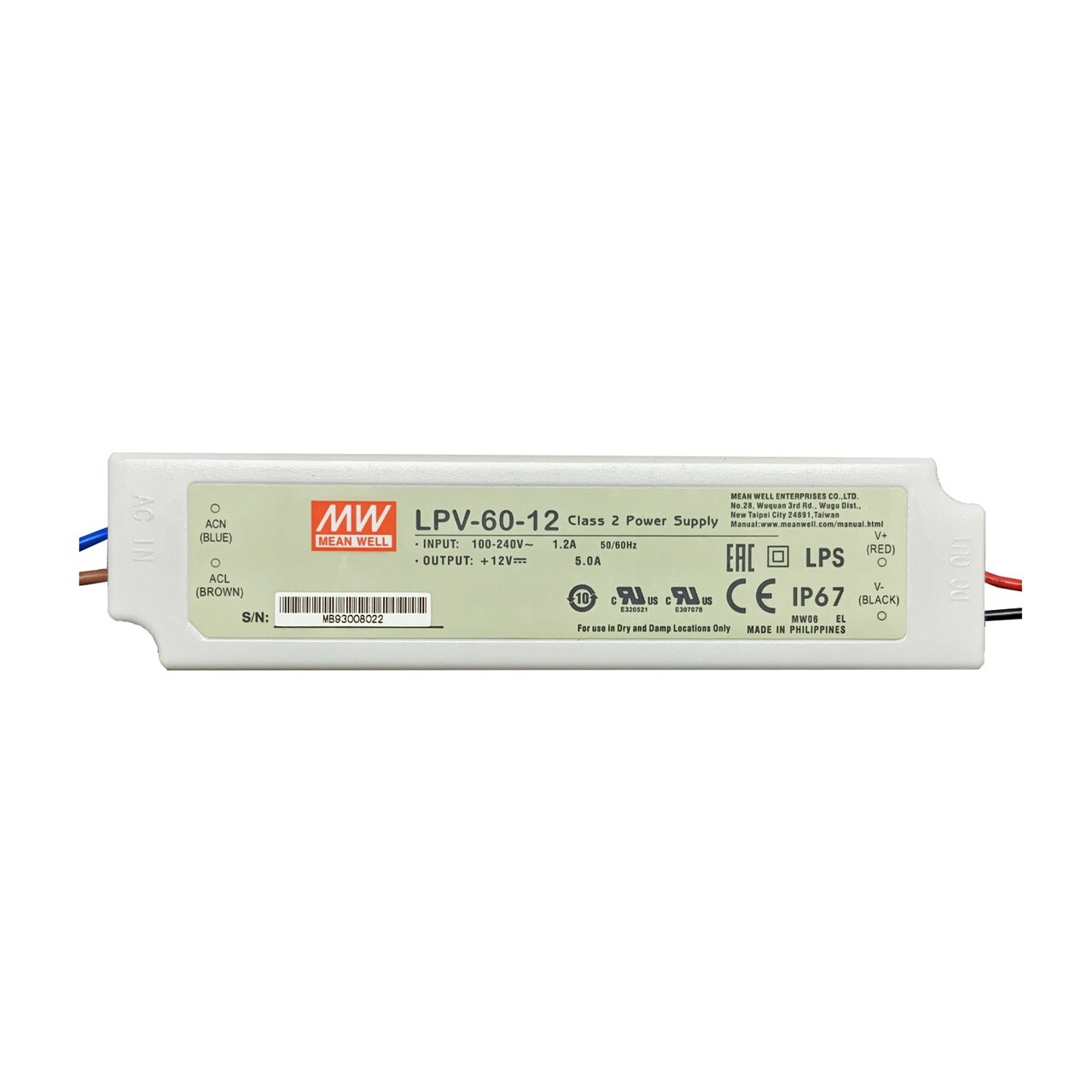 Mean Well LPV-60-12 60W 5A 12VDC Output 100-240VAC Input Non-Dimmable