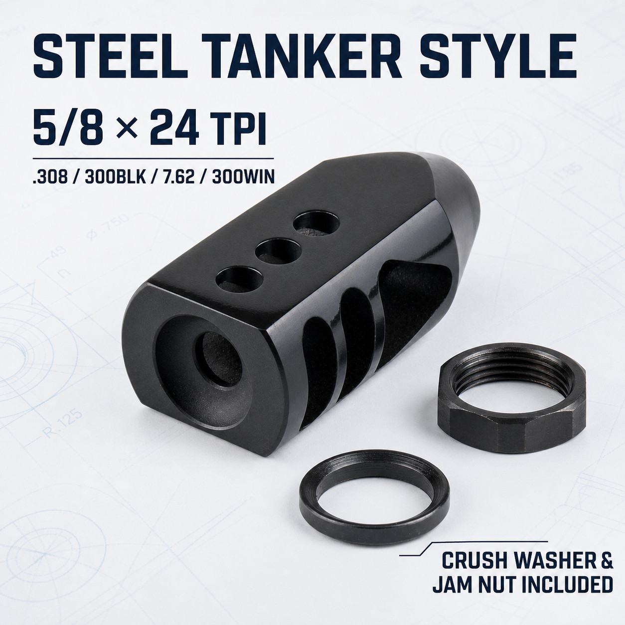 STEEL Tanker Style Muzzle Brake 5/8x24 TPI for .308/300BLK/7.62/300WIN