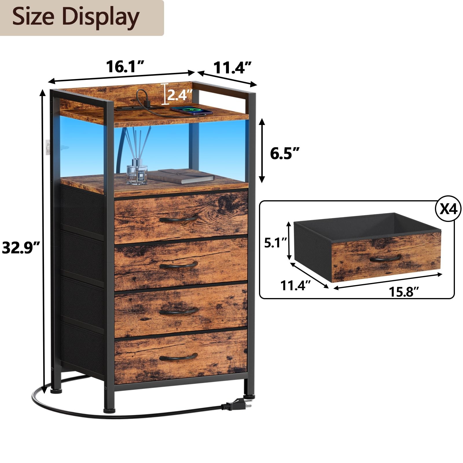 4-Drawer Nightstand w/ Charging Station LED - Rustic Brown Bedside Table