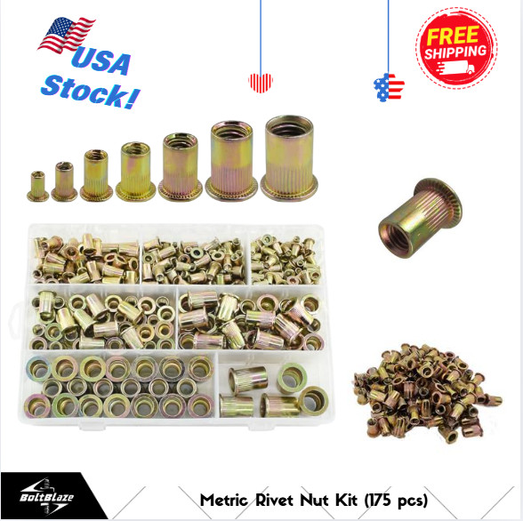 Flat Head Metric Rivet Nut Set – 175Pcs Zinc-Plated Carbon Steel M3-M10