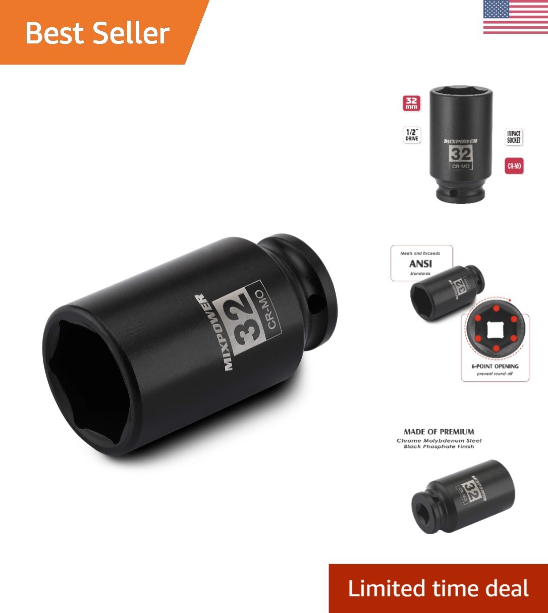 Professional Grade 1/2" 32mm Axle Nut Socket, CR-MO with Black Phosphate Finish