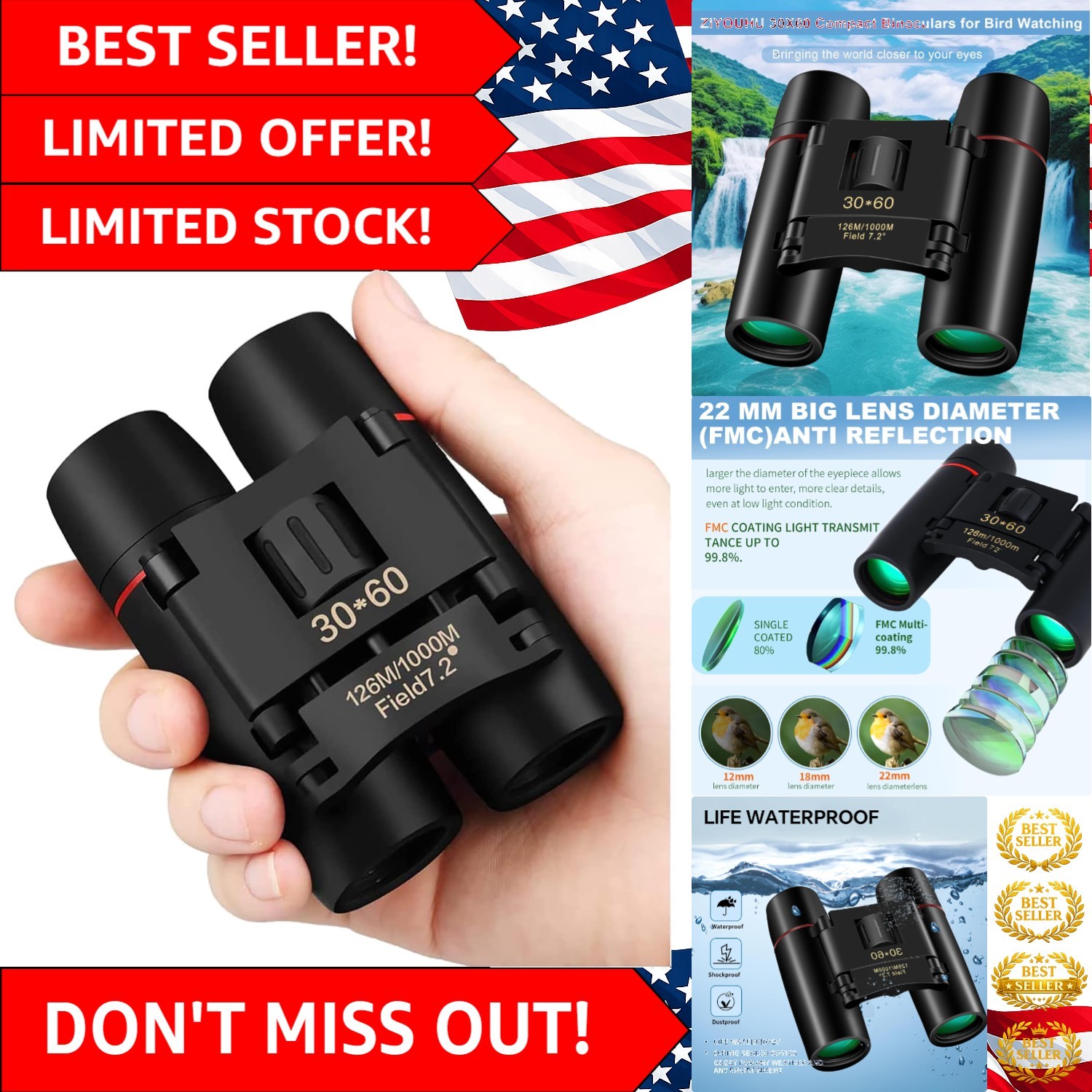 Ultra-Compact 30x60 Binoculars with Neck Strap - Perfect for Outdoor Adventures