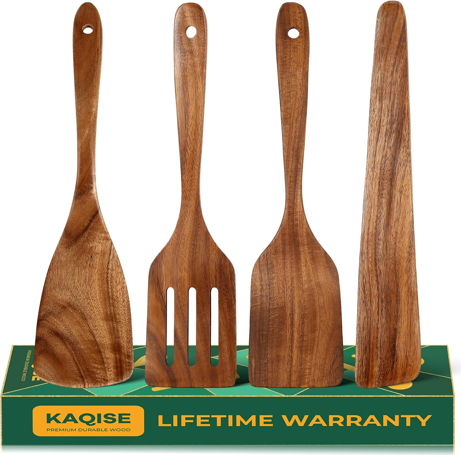 4PCS Wooden Spatulas for Cooking, Nontoxic Teak Wood Cooking Utensils - Flat Spa