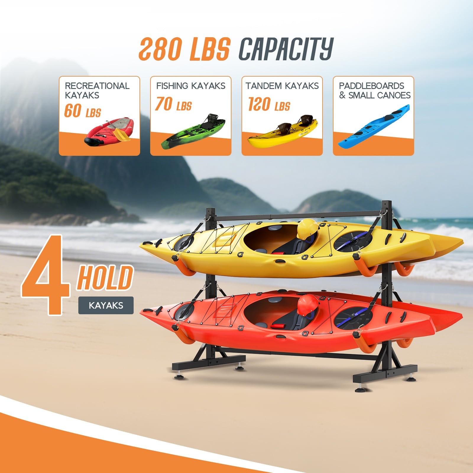 Freestanding Kayak Storage Rack for 4 Kayaks, Adjustable Width Stand with Sta...