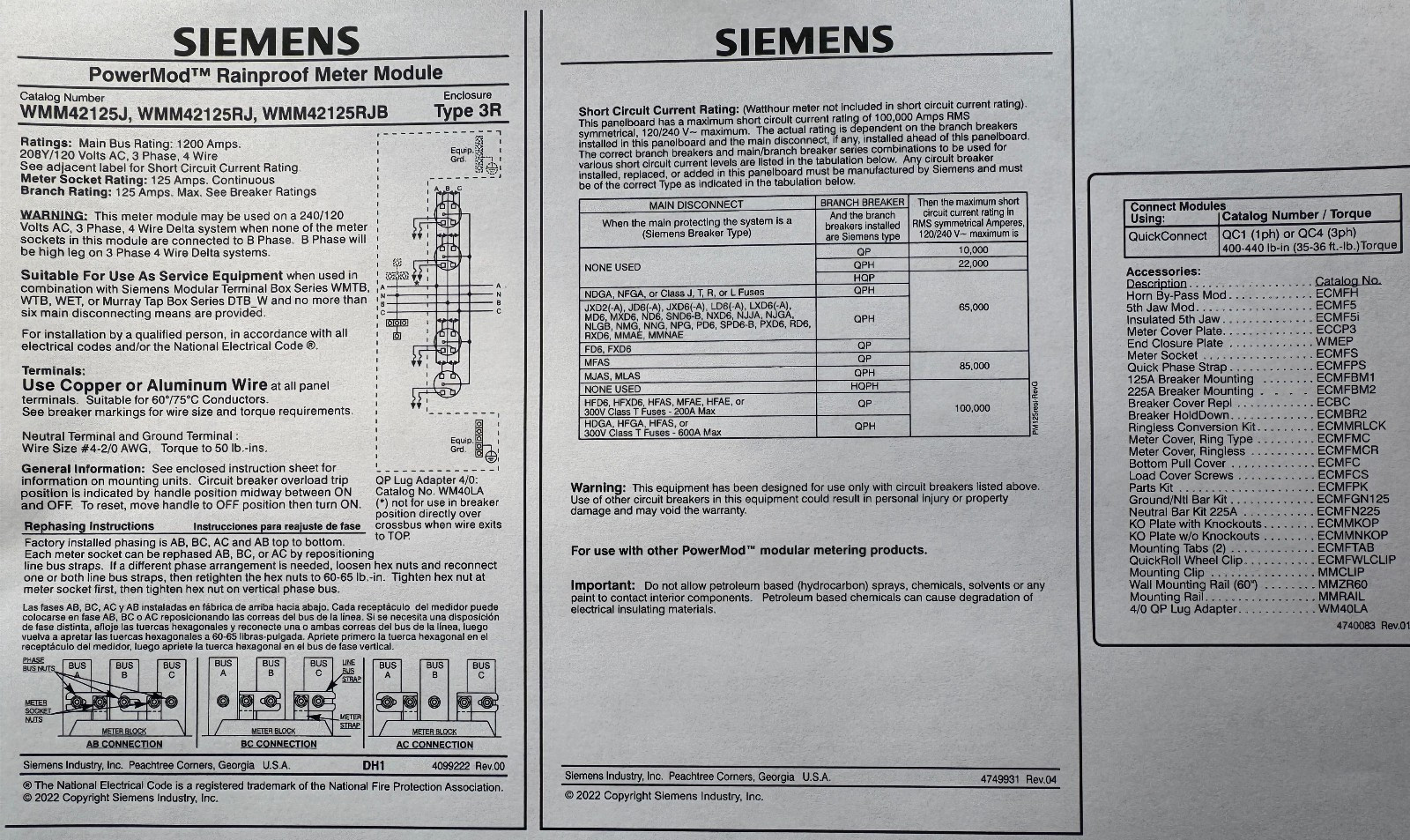 Siemens WMM42125RJB Modular Metering System Ringless 4-Stack 125A Each 240V New