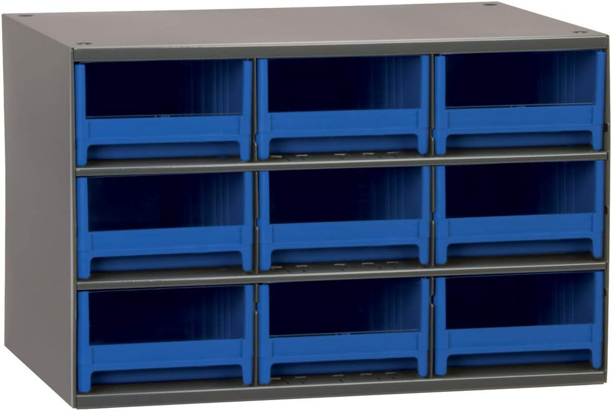 Steel Storage Cabinet with 9 Drawers for Hardware, 17" W, Gray/Blue