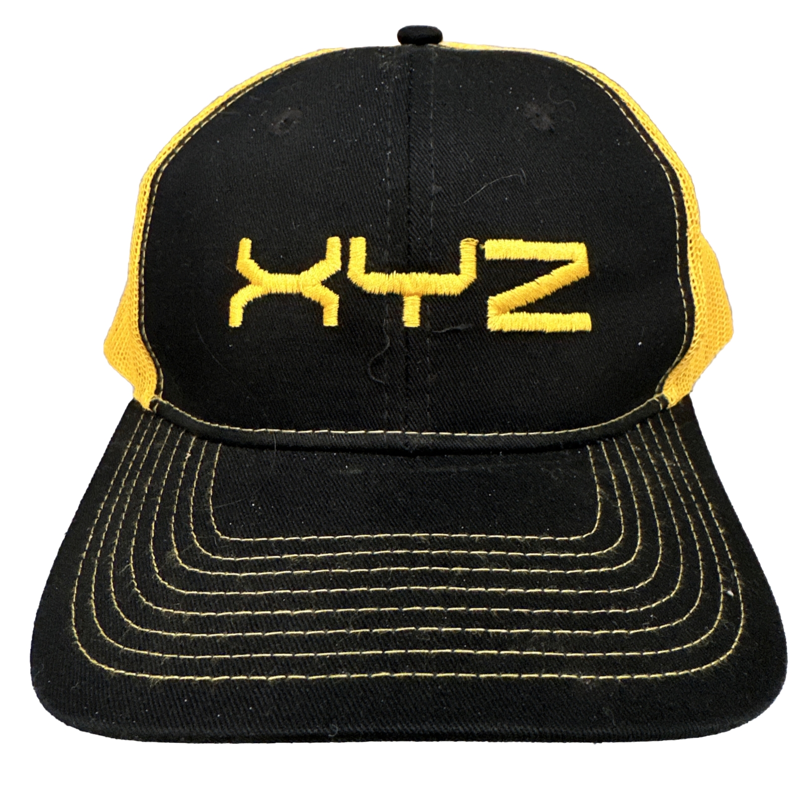 XYZ Hat Cap Embroidered in Gold on Black Fabric Gold  Mesh Top Stitch Snapback