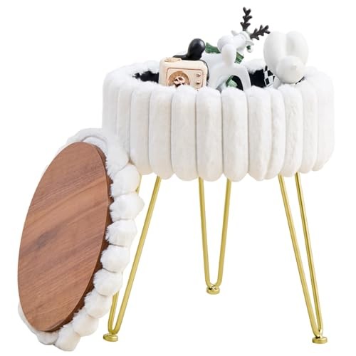 Vanity Stool with Storage, Faux Fur Ottoman Chair with Metal Legs, Round White