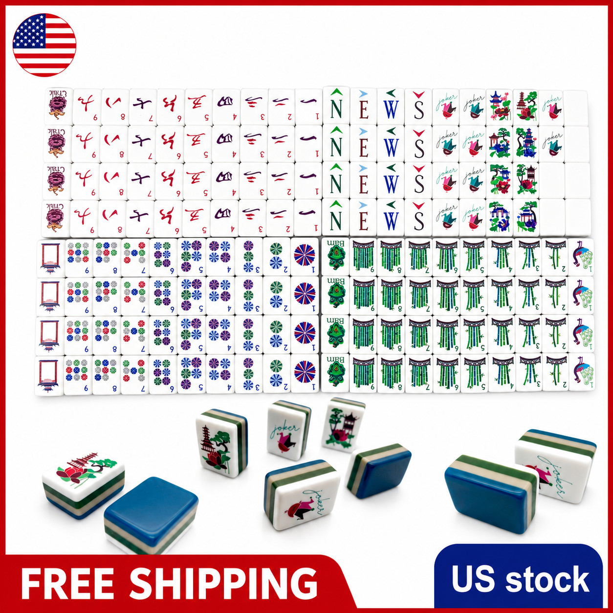 US Stock! Vibrant Layered Mahjong Tiles – American Set 160 Tiles - Navy Blue