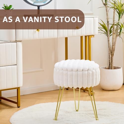 Vanity Stool with Storage, Faux Fur Ottoman Chair with Metal Legs, Round White