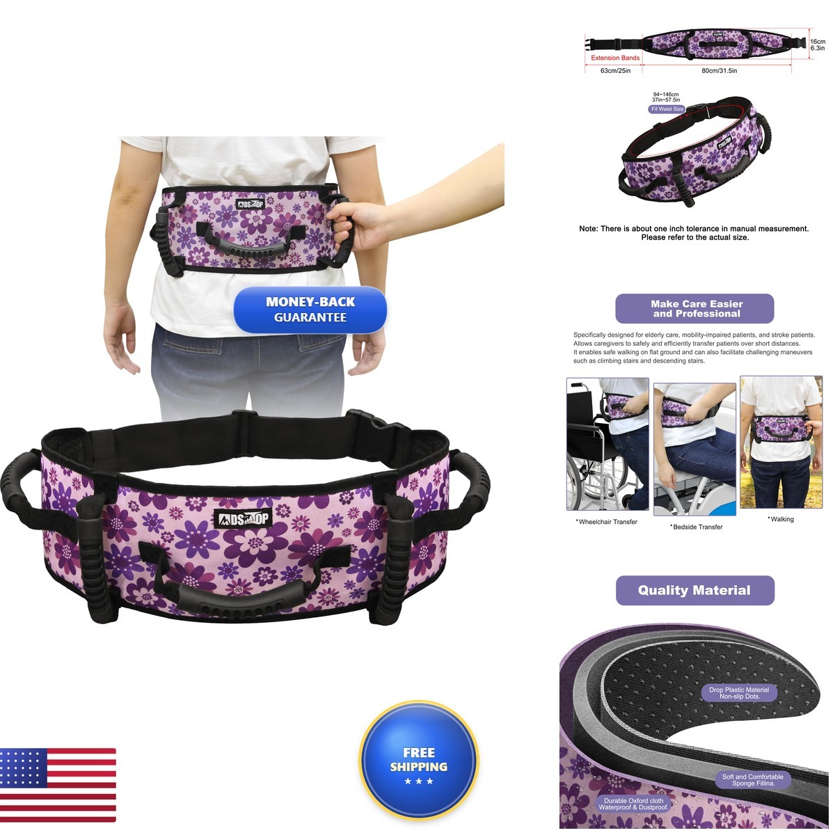 MDSTOP MDS0249-Purple Gait Belt Transfer Belt Anti-Slip Quick Release Buckle