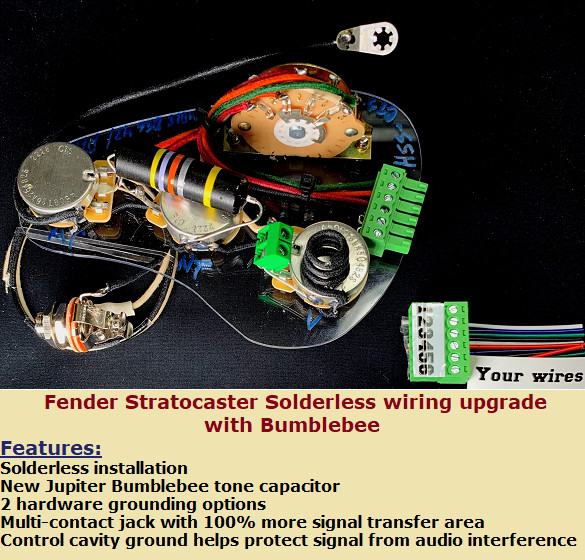 Fender Stratocaster HSS Solderless wiring upgrade - Bumblebee Tone Capacitor!