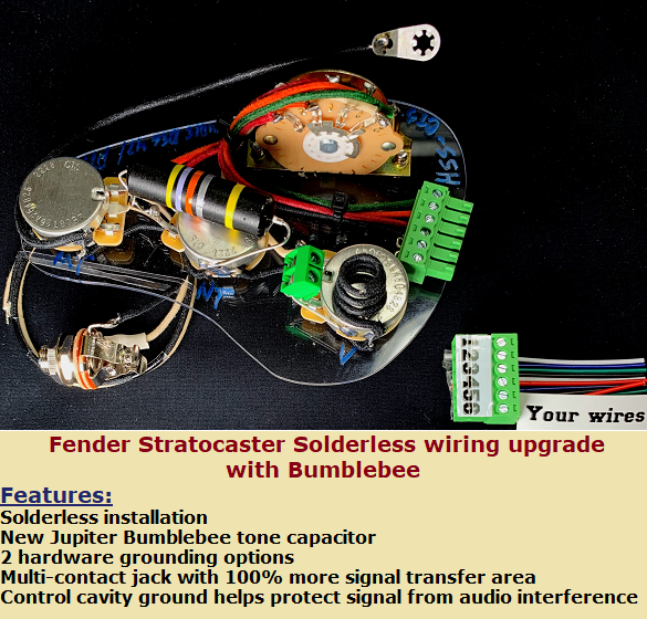 Fender Stratocaster HSS Solderless wiring upgrade - Bumblebee Tone Capacitor!
