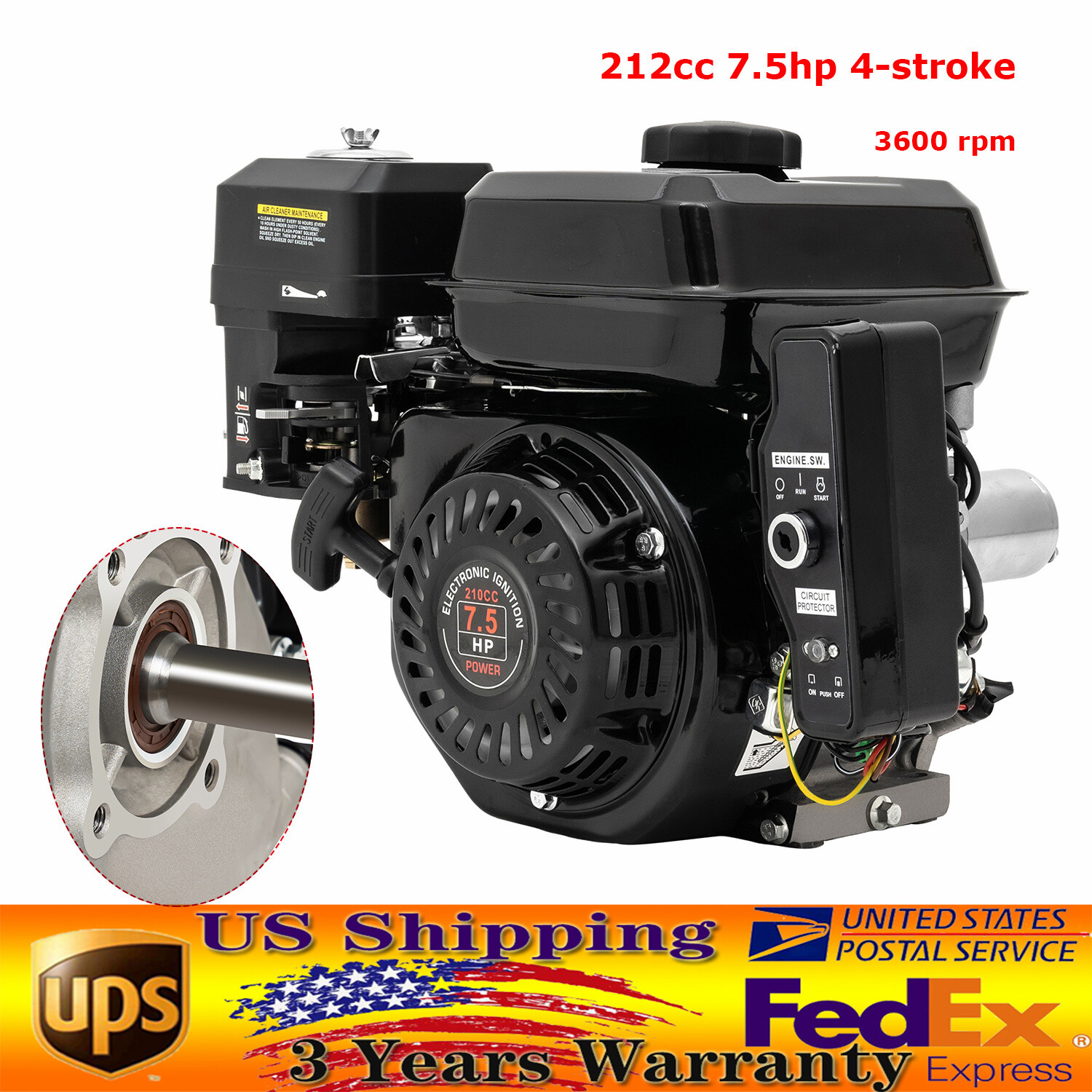 Gas Engine Electric Start Side Shaft Motor OHV Gasoline Engine 3600RPM 7.5HP USA