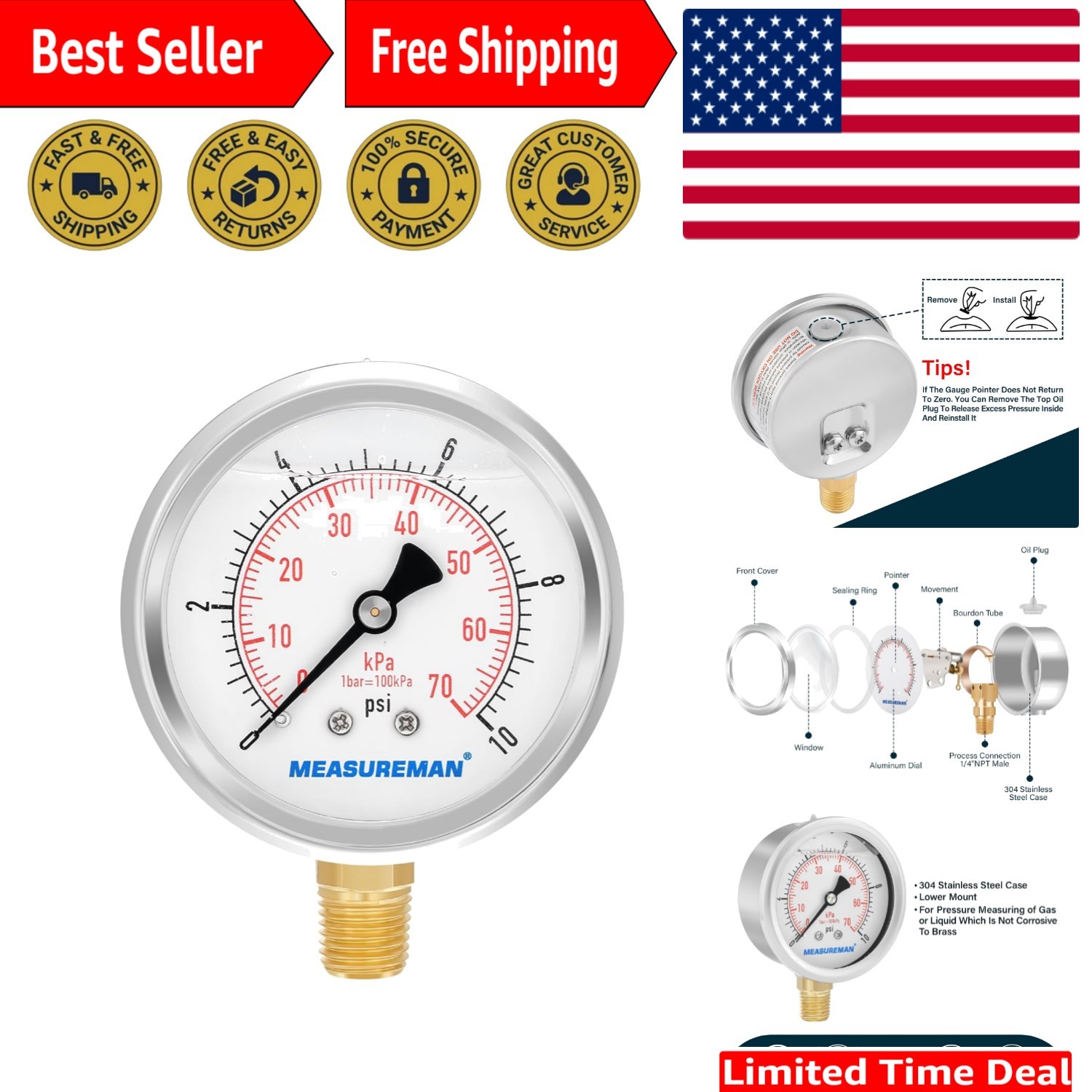 Durable Brass and Stainless Steel Pressure Gauge - 0-10psi/kpa, Lower Mount