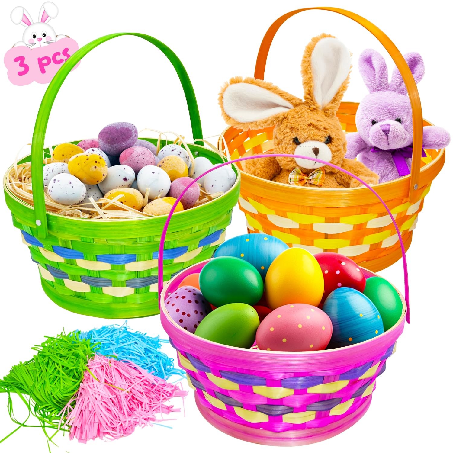 3 pcs Easter Woven Goodie Baskets, Easter Bamboo Plaid Basket with Handles an...