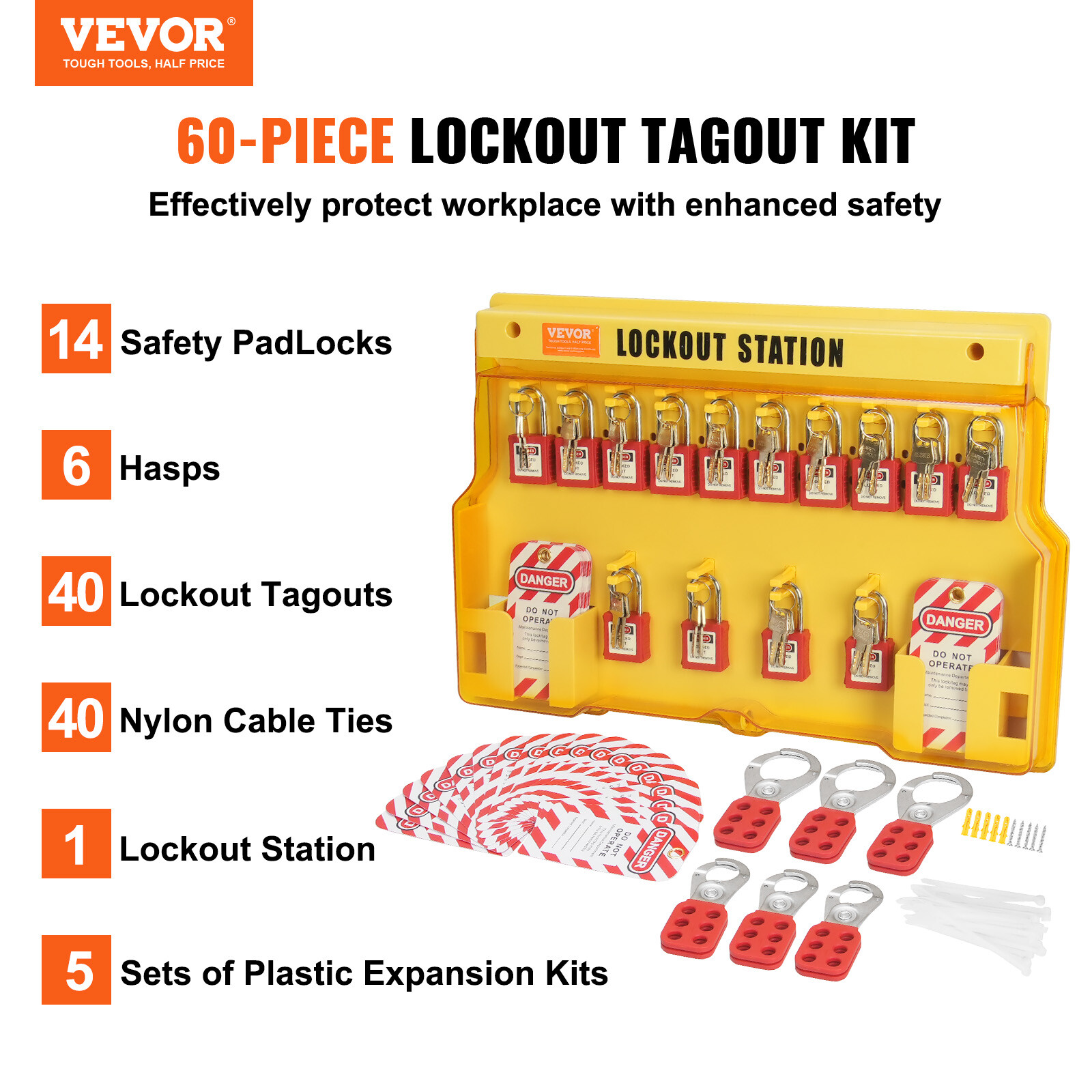 VEVOR 60 PCS Electrical Lockout Tagout Kit Safety Padlocks Hasps Tags Ties Board