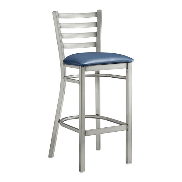 Clear Coat Ladder Back Metal Restaurant Bar Stool With Navy Vinyl Seat
