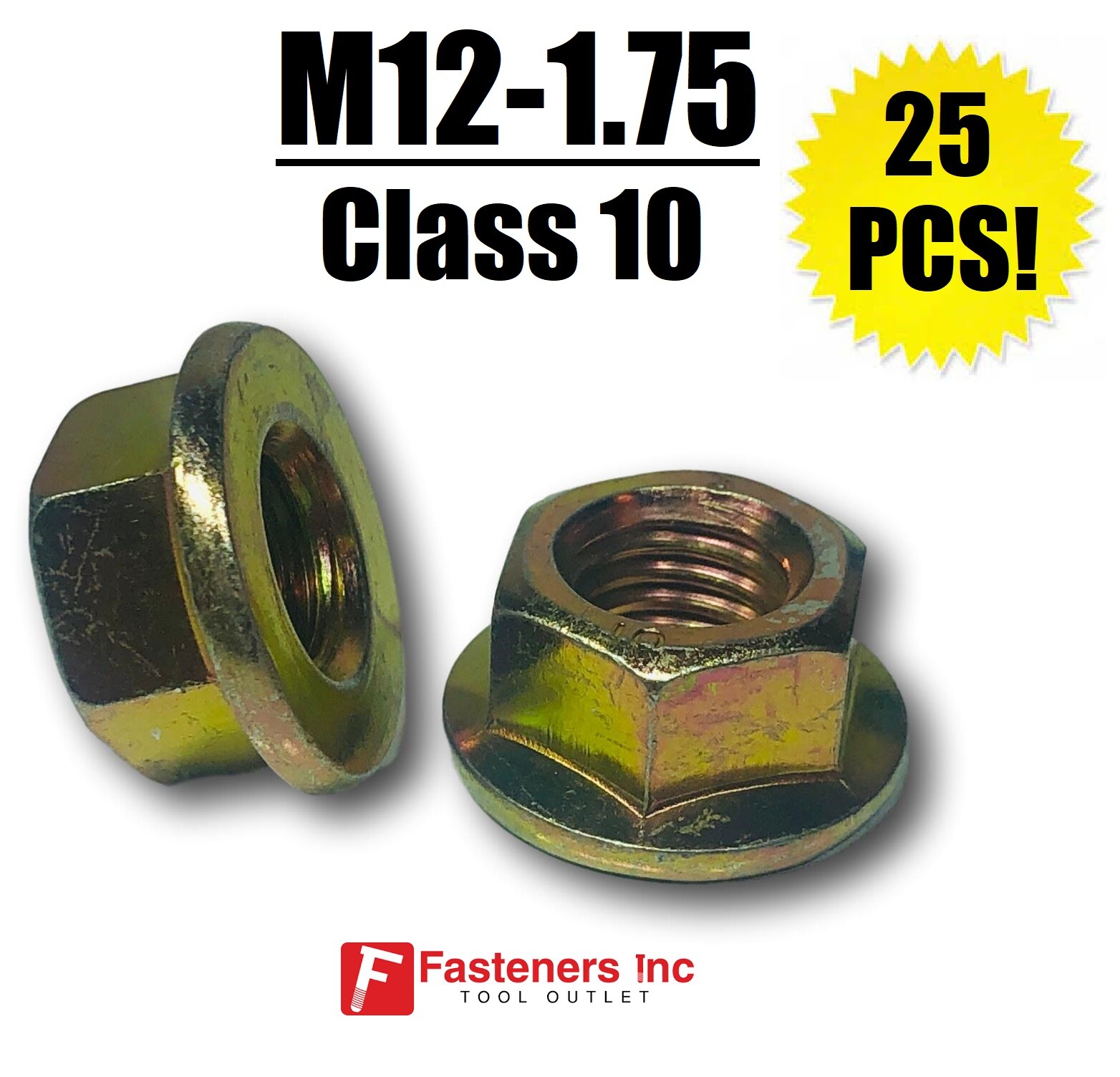 (QTY 25) M12-1.75 Metric Hex Flange Nuts Class 10 (Grade 8) Zinc Yellow