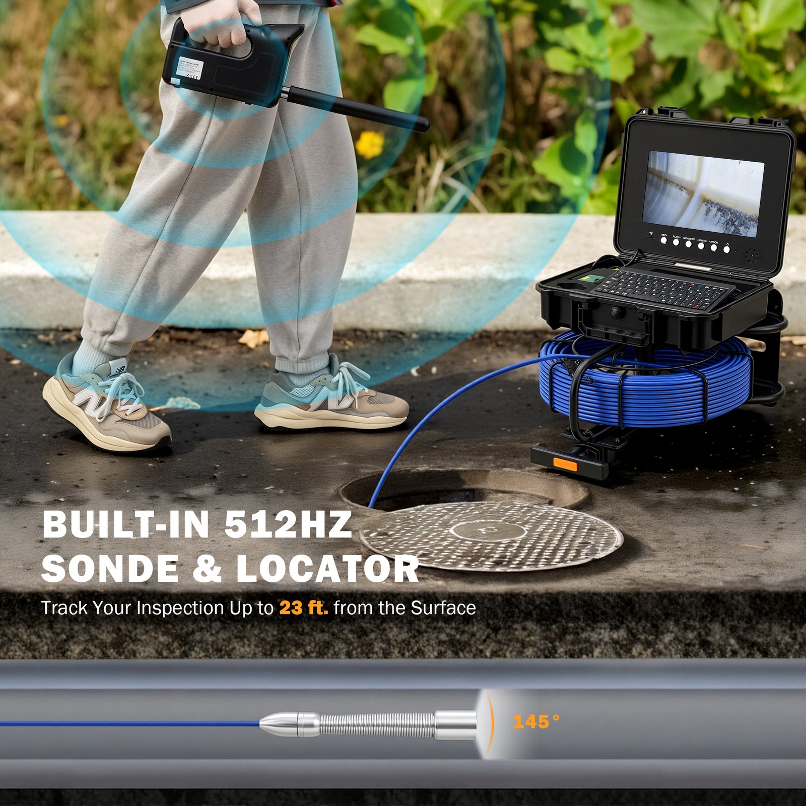 10 in. Self-Leveling Sewer Camera w 165 ft/50 m Cable Wheels Handle Locator IP68