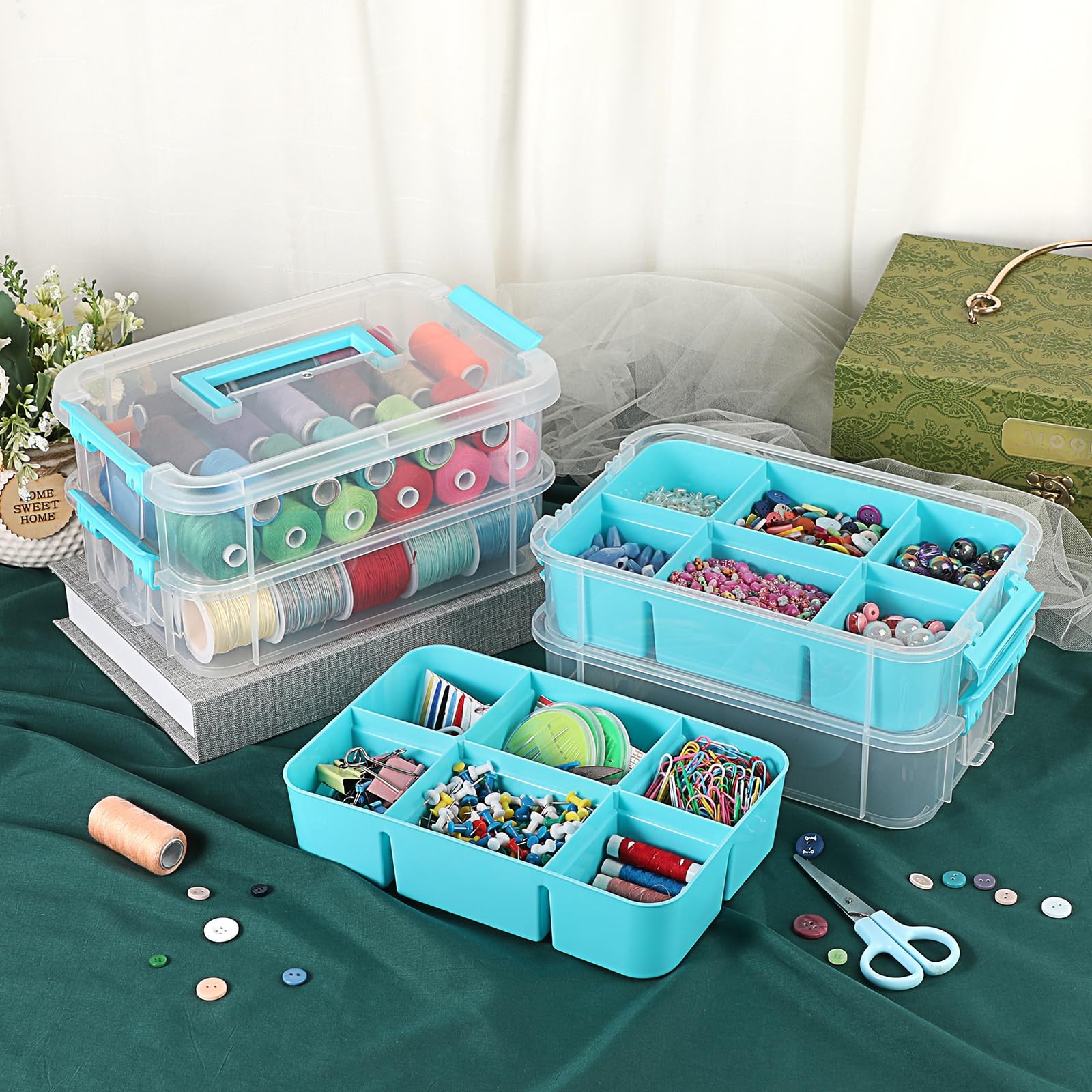 4-Tiers Stack Carry Storage With 2 Divided Tray, Transparent Stackable Storag...