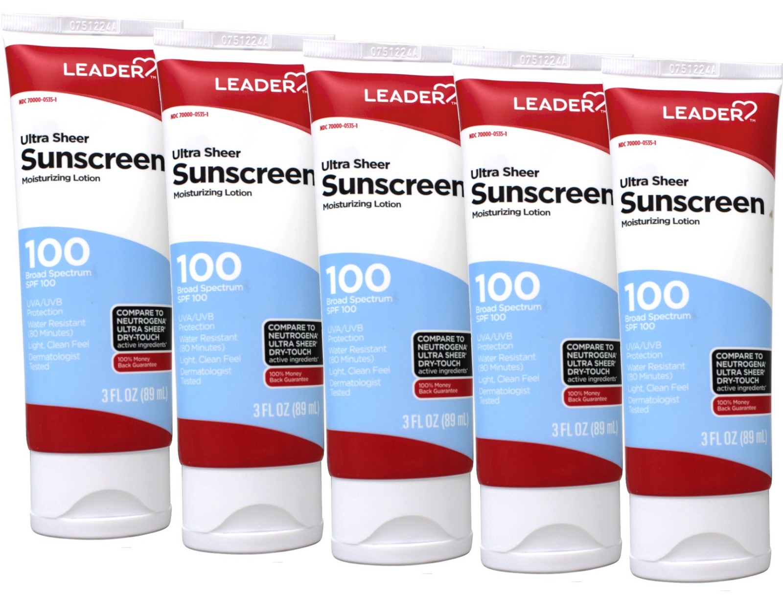 Leader Ultra Sheer Water Resistant SPF 100 Sunscreen Lotion, 3 oz - 5 Pack