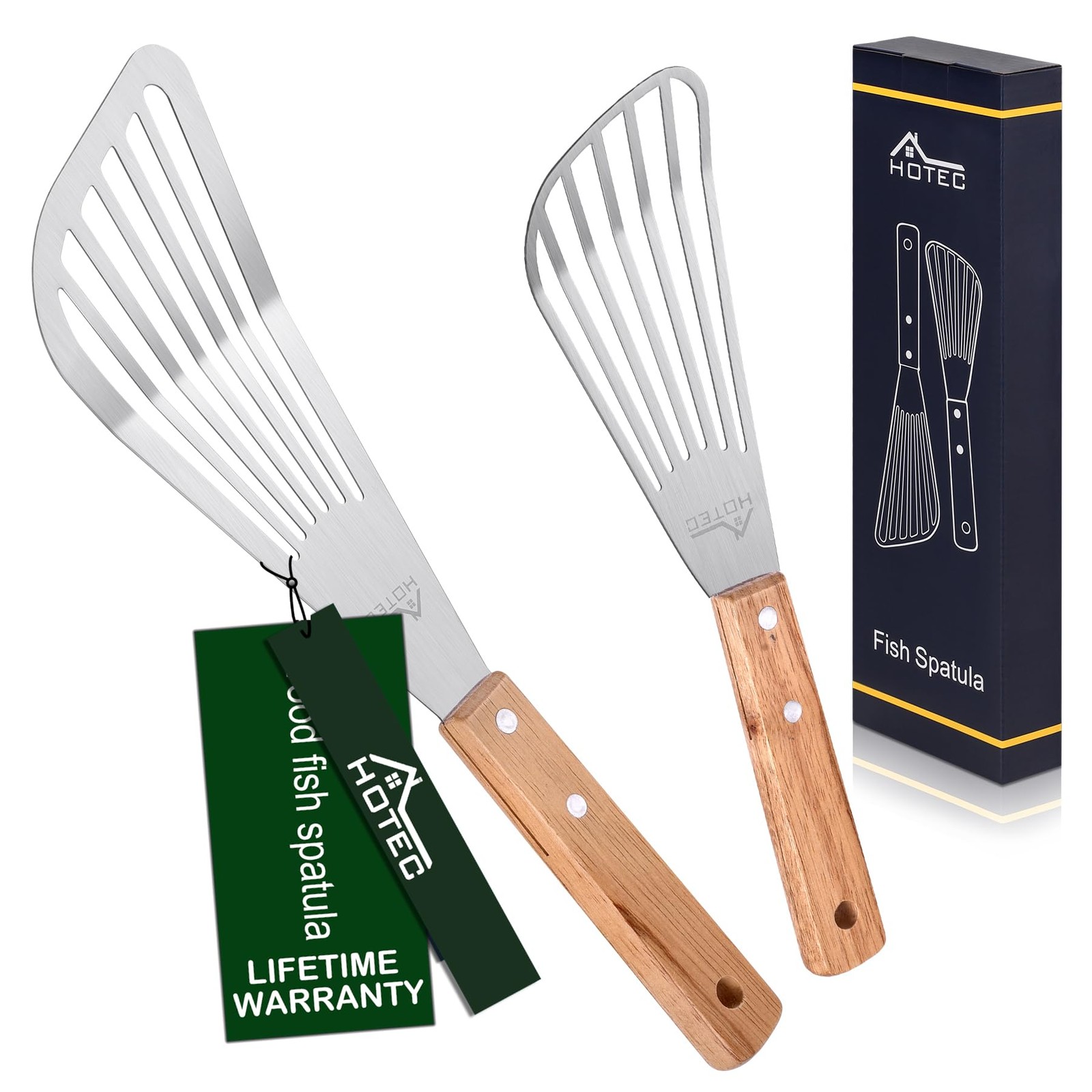 2 PCS Stainless Steel Fish Spatula Wooden Handle Metal Turner Flipping Food