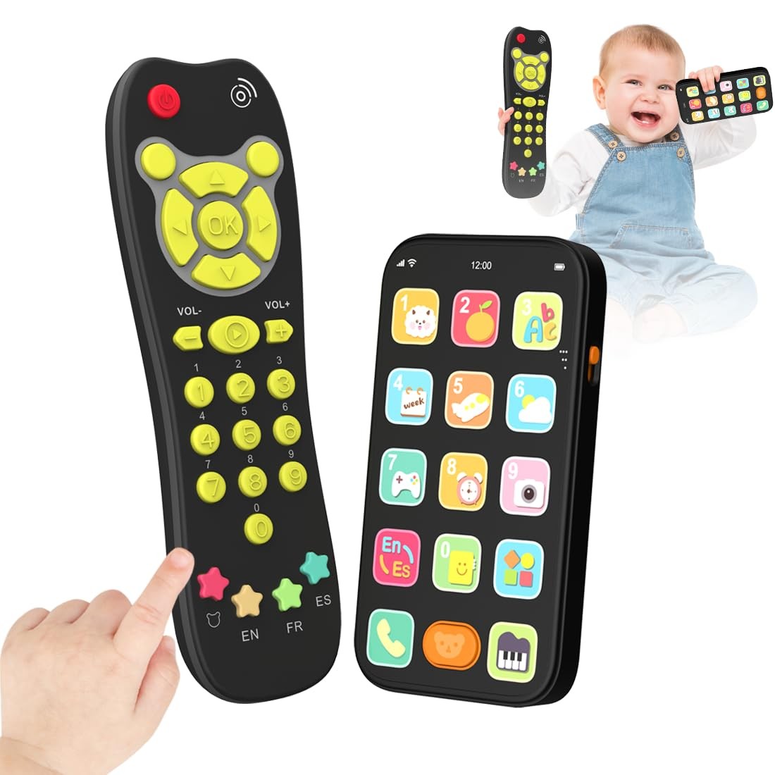Baby Toy Phone & Remote Control Set: Music, Lights, Bilingual Early Learning Toy